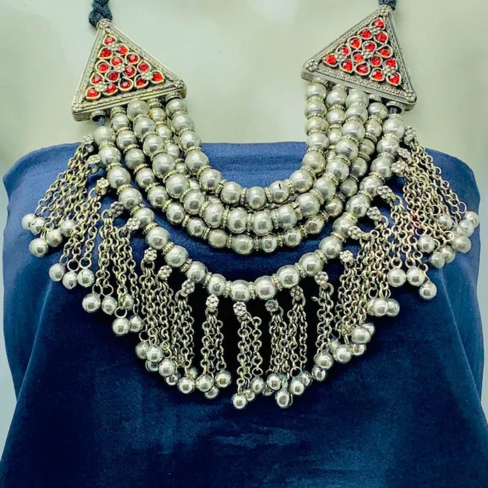 Multilayers Silver Metallic Beaded Choker Necklac… - image 3